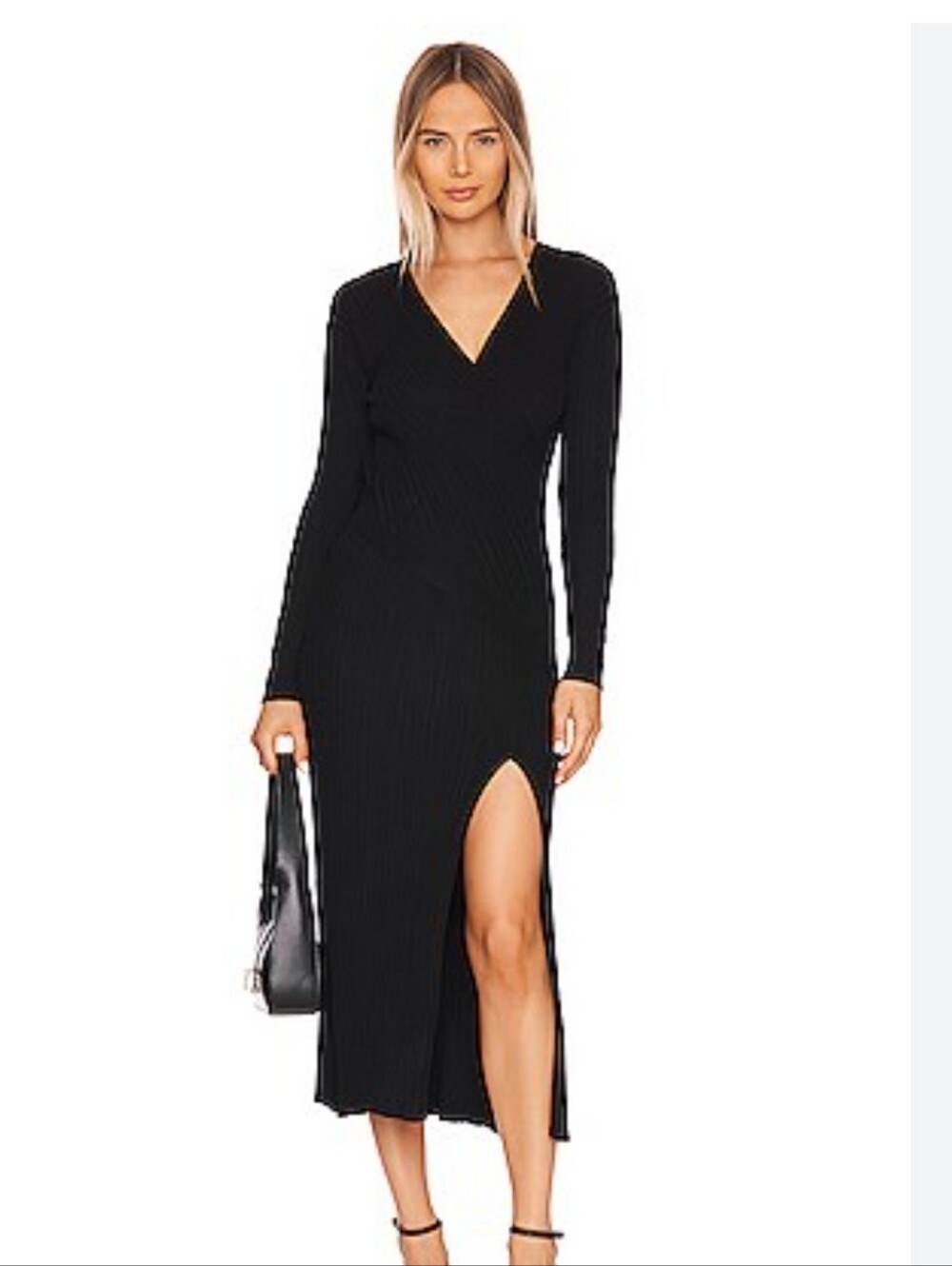 ASTR the Label Astrid Long Sleeve Ribbed Midi Dress With Slit Black Stretchy S